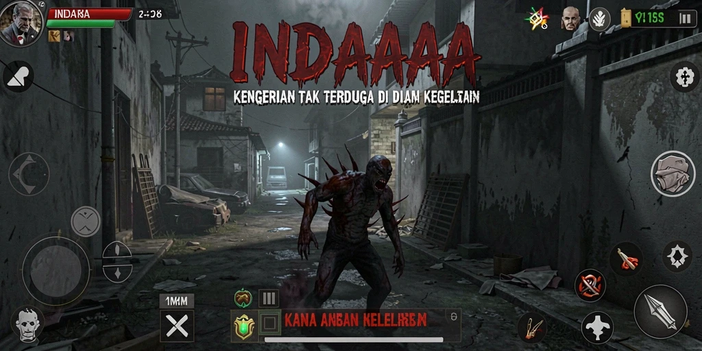 Screenshot gameplay INDAAA menampilkan suasana menyeramkan dan penuh ketegangan.
