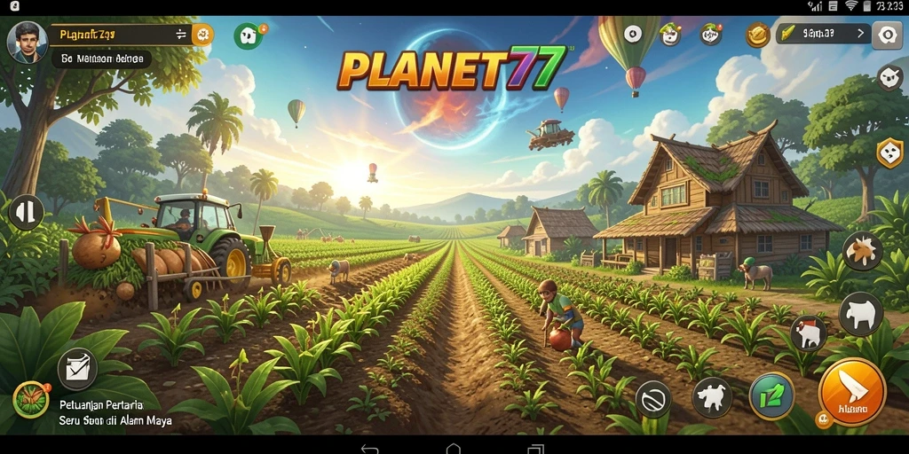 Tampilan gameplay PLANET77 yang menggambarkan aktivitas pertanian yang seru dan interaktif.